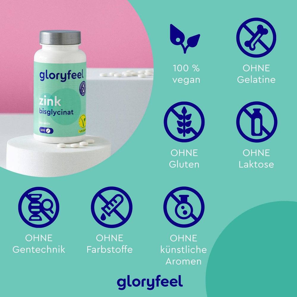 Die Zinkbisglycinat-Tabletten der gloryfeel GmbH werden mit Symbolen präsentiert, die zeigen, dass sie vegan und frei von Gelatine, Gluten, Laktose, GVO, künstlichen Farb- und Aromastoffen sind und somit ein reines Nahrungsergänzungsmittel für den täglichen Gebrauch darstellen.