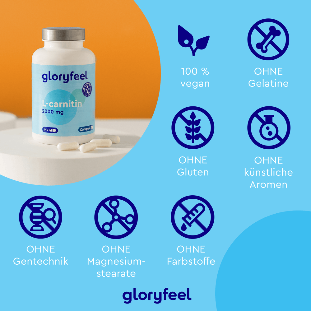 Die L-Carnitin Kapseln der gloryfeel GmbH zeichnen sich durch Premium-Qualität aus und enthalten Carnipure für optimale Wirksamkeit. Sie sind vegan und frei von Gelatine, Gluten, künstlichen Aromen, GVO, Magnesiumstearat und Farbstoffen.