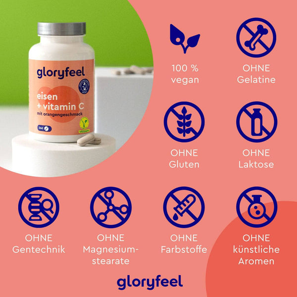 Flasche Eisen + Vitamin C der gloryfeel GmbH mit Orangengeschmack. Eigenschaften: vegan, frei von Gelatine, Gluten, Laktose, Gentechnik, Magnesiumstearat, Farbstoffen und künstlichen Aromen.
