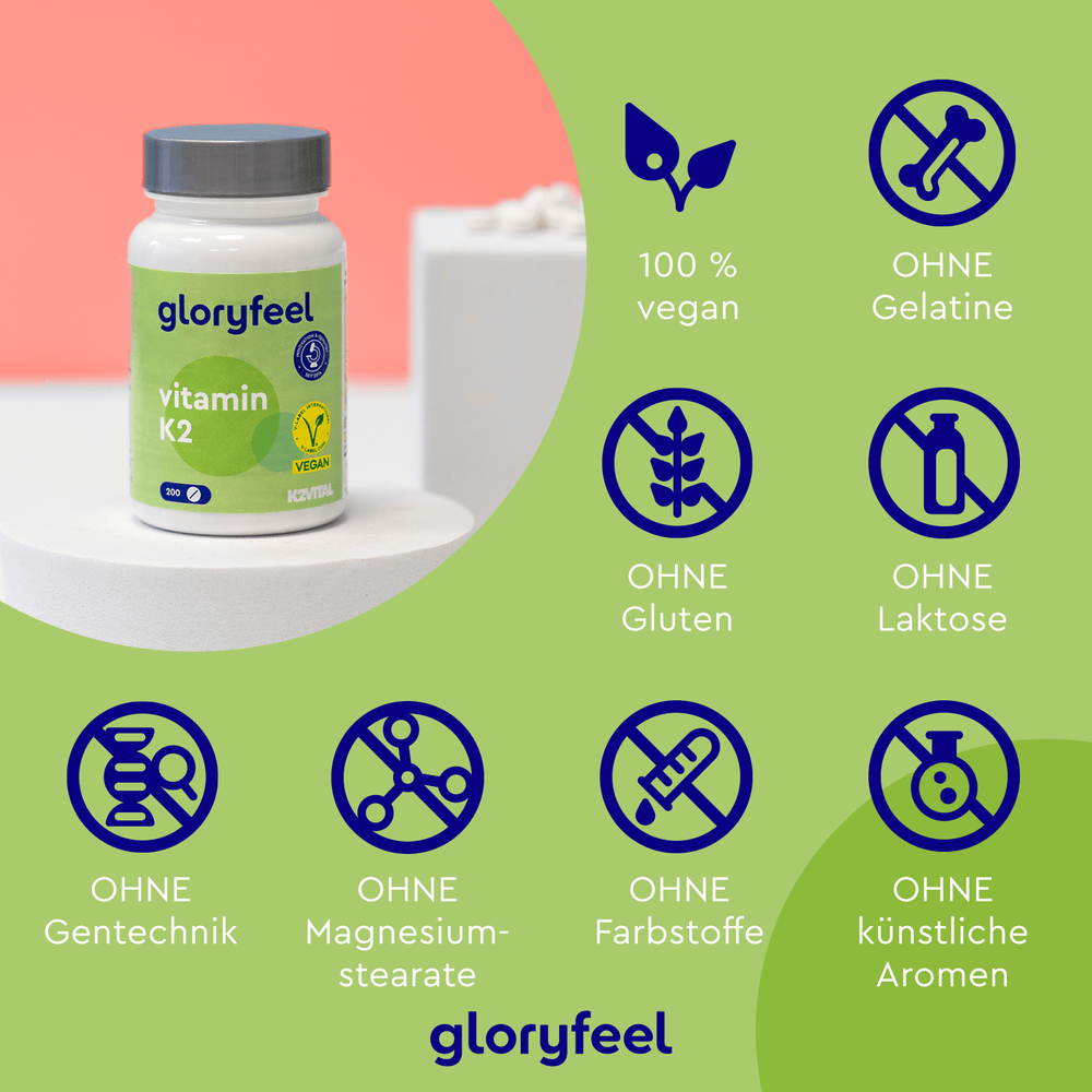 Die Vitamin K2 Tabletten der Gloryfeel GmbH mit dem wirkungsvollen Menachinon-7 sind ein veganes Nahrungsergänzungsmittel ohne Gelatine, Gluten, Laktose, GVO, Magnesiumstearat, Farbstoffe und künstliche Aromen.