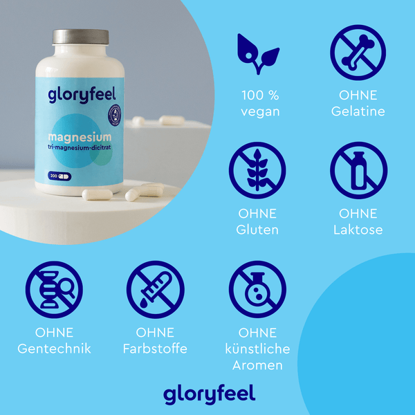 The Tri-Magnesium Dicitrat + MSM bottle is highlighted on a pedestal. This product is 100% vegan and free from gelatin, gluten, lactose, GMOs, colorants, and artificial flavors.