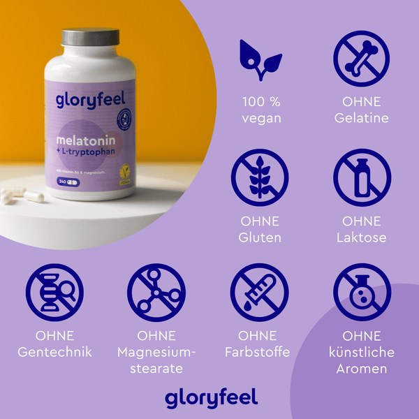 Eine Flasche Melatonin + L-Tryptophan-Kapseln der gloryfeel GmbH neben Symbolen für vegan, gelatinefrei, glutenfrei, laktosefrei, gentechnikfrei und ohne künstliche Farb- oder Aromastoffe auf gelb-violettem Hintergrund.