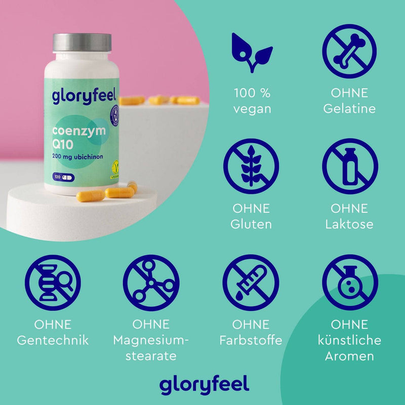 Auf einer Flasche Coenzym Q10 Kapseln der gloryfeel GmbH sind Symbole abgebildet, die darauf hinweisen, dass das Produkt vegan und frei von Gelatine, Gluten, Laktose, Gentechnik, Magnesiumstearat, Farbstoffen und künstlichen Aromen ist.