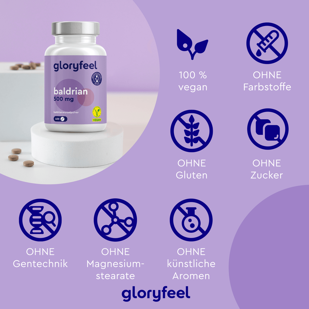 Abgebildet ist eine Flasche Baldrian Tabletten der gloryfeel GmbH. Die Verpackung betont, dass die Tabletten vegan und frei von Farbstoffen, Gluten, Zucker, Gentechnik, Magnesiumstearat und künstlichen Aromen sind.