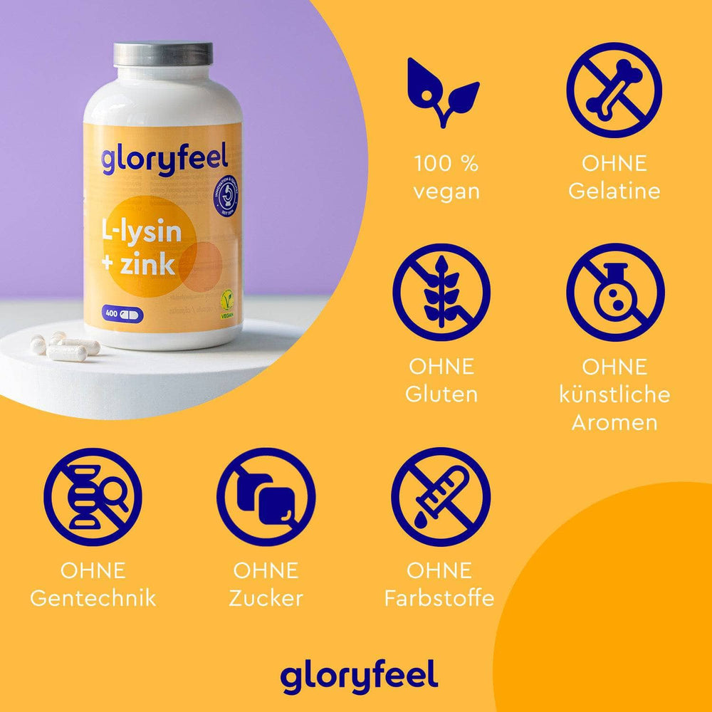 Die Nahrungsergänzungsmittelflasche „gloryfeel GmbH L-Lysin + Zink Kapseln“ auf gelbem Hintergrund zeigt Symbole, die darauf hinweisen, dass das Produkt vegan und frei von Gelatine, Gluten, künstlichen Aromen, GVO, Zucker und Farbstoffen ist.