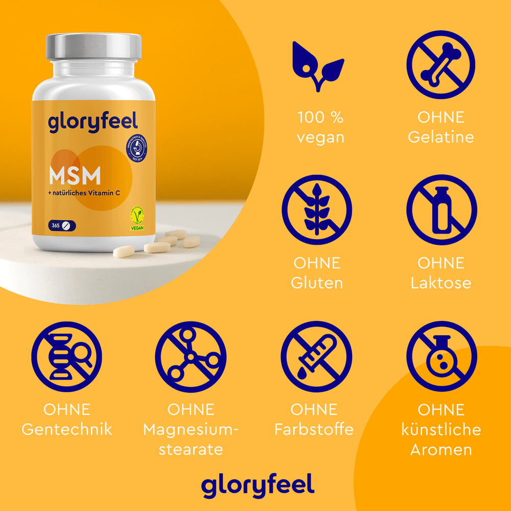 Eine Flasche MSM + Vitamin C Tabletten der gloryfeel GmbH steht auf einem Tisch mit verstreuten Tabletten, mit Symbolen, die die veganen, glutenfreien, laktosefreien und organischen Schwefelverbindungseigenschaften hervorheben.