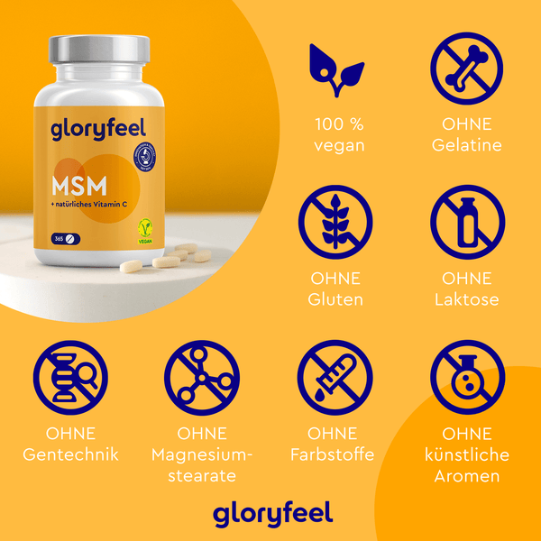 Eine Flasche MSM + Vitamin C Tabletten der gloryfeel GmbH steht auf einem Tisch mit verstreuten Tabletten, mit Symbolen, die die veganen, glutenfreien, laktosefreien und organischen Schwefelverbindungseigenschaften hervorheben.