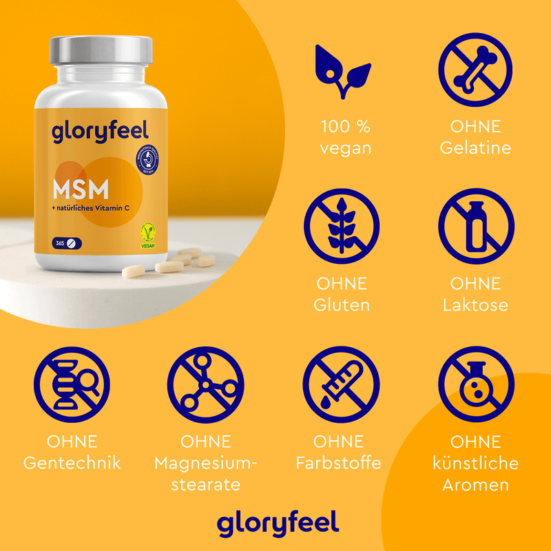 Eine Flasche MSM + Vitamin C Tabletten der gloryfeel GmbH steht auf einem Tisch mit verstreuten Tabletten, mit Symbolen, die die veganen, glutenfreien, laktosefreien und organischen Schwefelverbindungseigenschaften hervorheben.