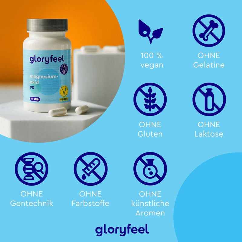 Auf einer Flasche Magnesiumoxid 90 Kapseln der gloryfeel GmbH sind Symbole abgebildet, die darauf hinweisen, dass das Produkt vegan und frei von Gelatine, Gluten, Laktose, Gentechnik, Farbstoffen und künstlichen Aromen ist.