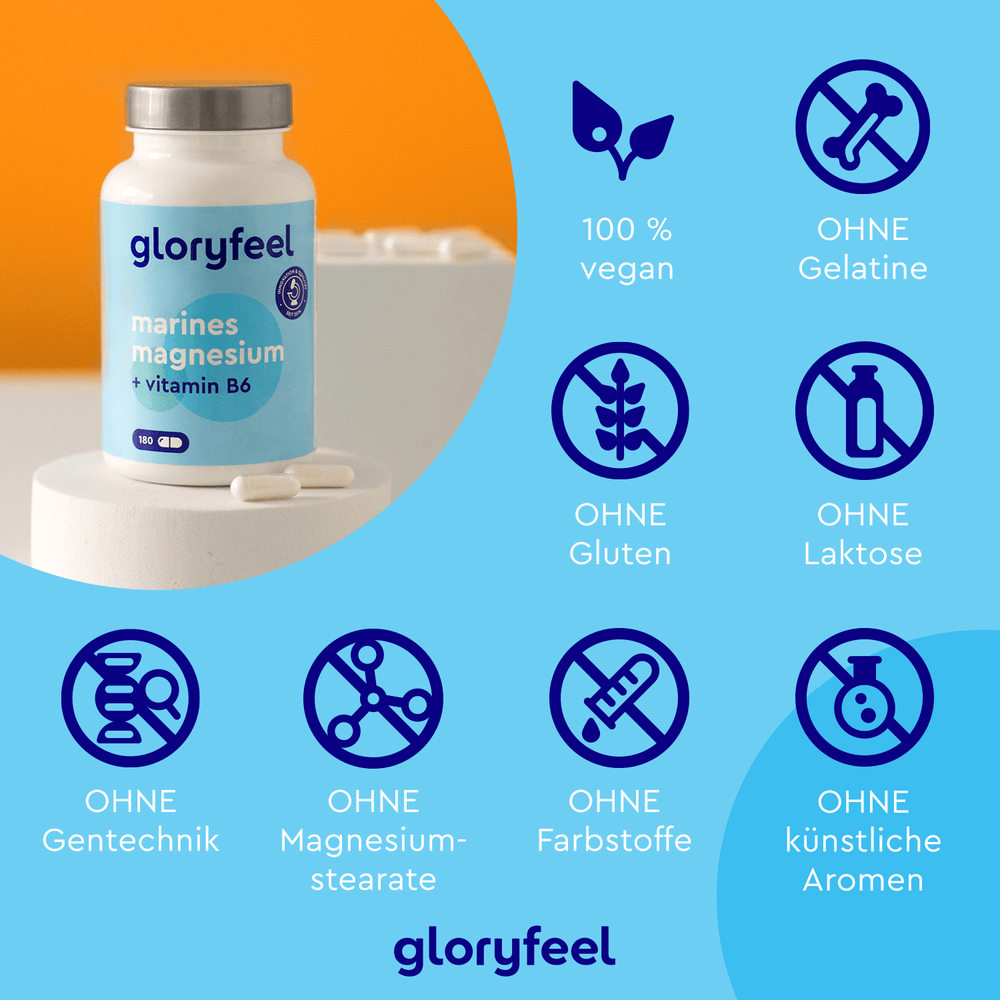 Die Marines Magnesium Kapseln der gloryfeel GmbH verfügen über eine vegane Formel ohne Gelatine, Gluten, Laktose, GVO, Farbstoffe oder künstliche Aromen und sind mit reinem Magnesiumoxid zur Unterstützung der Muskelfunktion konzipiert.