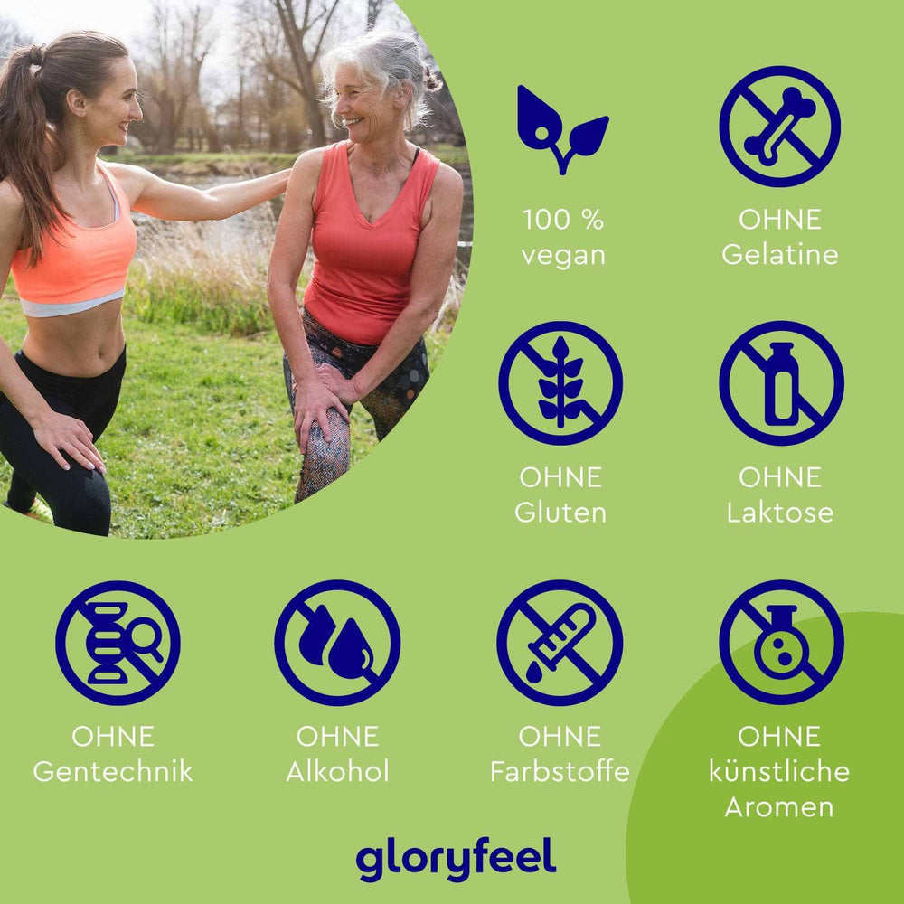 Zwei Frauen beim Sport im Freien mit Text: 100 % vegan, glutenfrei, laktosefrei, gelatinefrei, gentechnikfrei, ohne Alkohol und künstliche Farb-/Aromastoffe. Optimieren Sie Ihre Routine mit den Vitamin K2 Tropfen der gloryfeel GmbH als perfekte Ergänzung zu Ihrem Lebensstil.