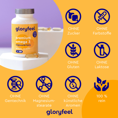 Die Omega-3-TG-Form-Kapseln der gloryfeel GmbH sind reich an DHA und EPA und weisen durch Symbole darauf hin, dass sie frei von Zucker, Farbstoffen, Gluten, Laktose, GVO, Magnesiumstearat und künstlichen Aromen sind. Die 100 % reine Formel gewährleistet optimale gesundheitliche Vorteile ohne Kompromisse.