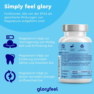 Die blau-weiße Flasche „Magnesiumoxid 90 Kapseln“ der gloryfeel GmbH enthält einen deutschen Text über die Vorteile von Magnesium, wie die Verringerung von Müdigkeit und die Unterstützung der Knochengesundheit. Am unteren Rand sind Symbole und das Markenlogo zu sehen.