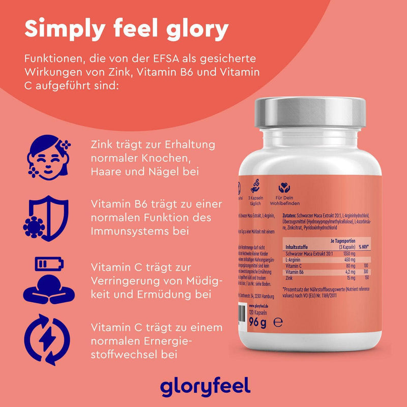 Die Schwarze Maca Kapseln der gloryfeel GmbH enthalten Nährwertangaben in deutscher Sprache und heben die Vorteile von Zink, schwarzer Maca und Vitamin C für Knochen, Immunsystem und Energie hervor. Die Verpackung hat einen orangefarbenen Hintergrund mit Text und Diagrammen.