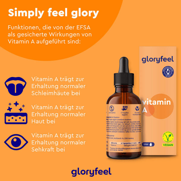 Vitamin A Tropfen der gloryfeel GmbH sind ein retinolreiches Nahrungsergänzungsmittel in einer Tropfflasche zur Unterstützung normaler Schleimhäute, Haut und Sehkraft. Es ist vegan und EU-konform.