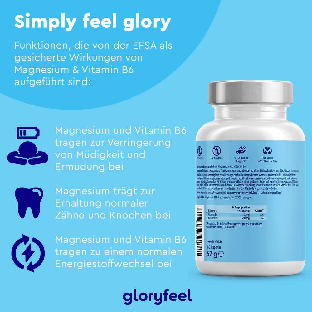 Die Marines Magnesium Kapseln der gloryfeel GmbH mit blauem Etikett heben hervor, wie Magnesiumoxid und Vitamin B6 die Muskelfunktion unterstützen, Müdigkeit reduzieren und die Knochengesundheit verbessern.