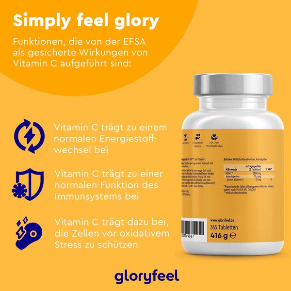 Die Flasche „MSM + Vitamin C Tabletten“ von gloryfeel GmbH hat ein orangefarbenes Etikett mit einem Text in deutscher Sprache, der die Vorteile von Vitamin C und Methylsulfonylmethan anpreist, wie etwa die Förderung des Energiestoffwechsels, die Unterstützung der Immunfunktion und den Schutz vor oxidativem Stress.