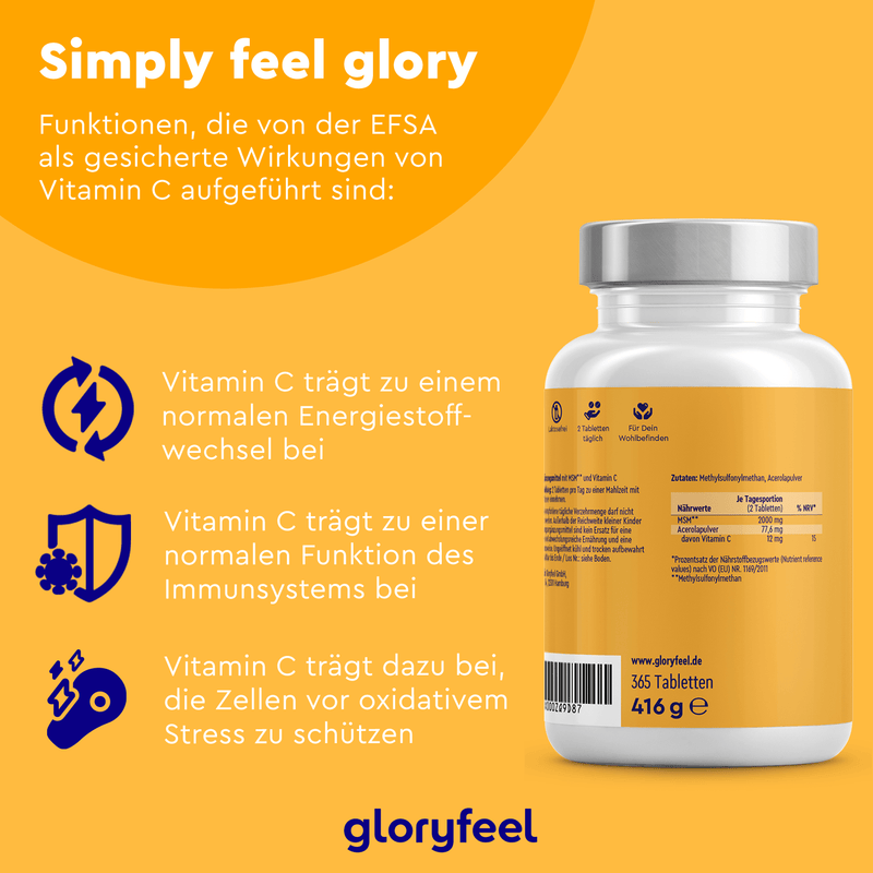 Die Flasche „MSM + Vitamin C Tabletten“ von gloryfeel GmbH hat ein orangefarbenes Etikett mit einem Text in deutscher Sprache, der die Vorteile von Vitamin C und Methylsulfonylmethan anpreist, wie etwa die Förderung des Energiestoffwechsels, die Unterstützung der Immunfunktion und den Schutz vor oxidativem Stress.
