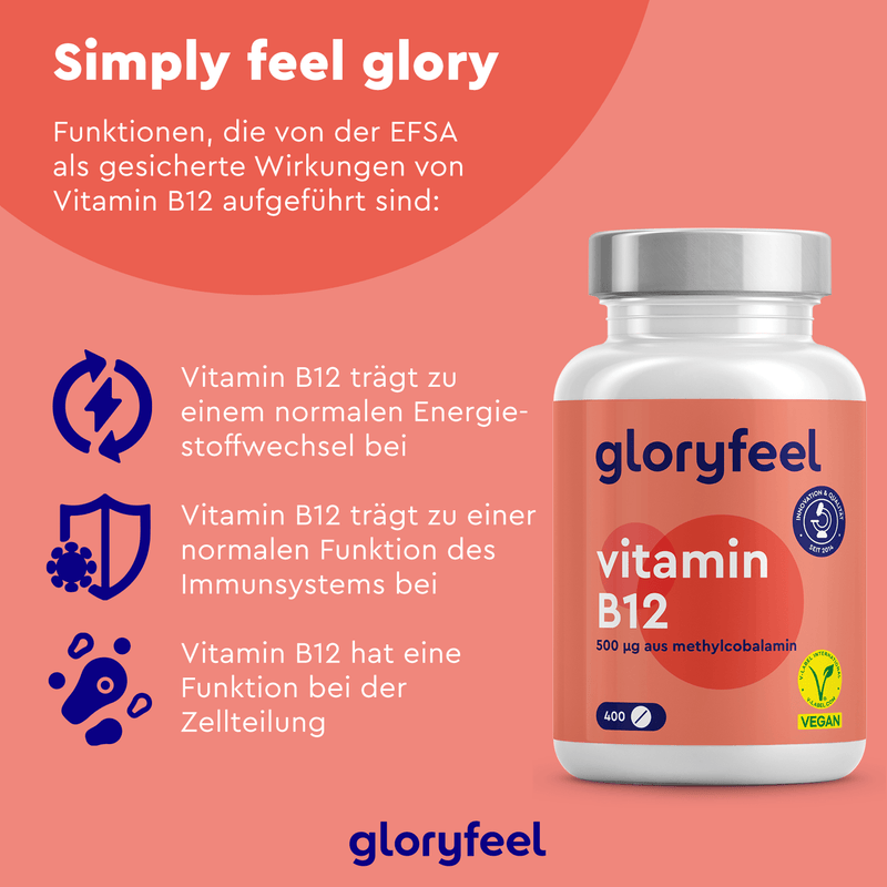 Die „Vitamin B12 Methylcobalamin Tabletten“ der gloryfeel GmbH fördern den Energiestoffwechsel, unterstützen das Immunsystem und unterstützen die Zellteilung. Dieses Premium-Qualitätspräparat sorgt für eine erstklassige Ernährung und optimale Gesundheit.
