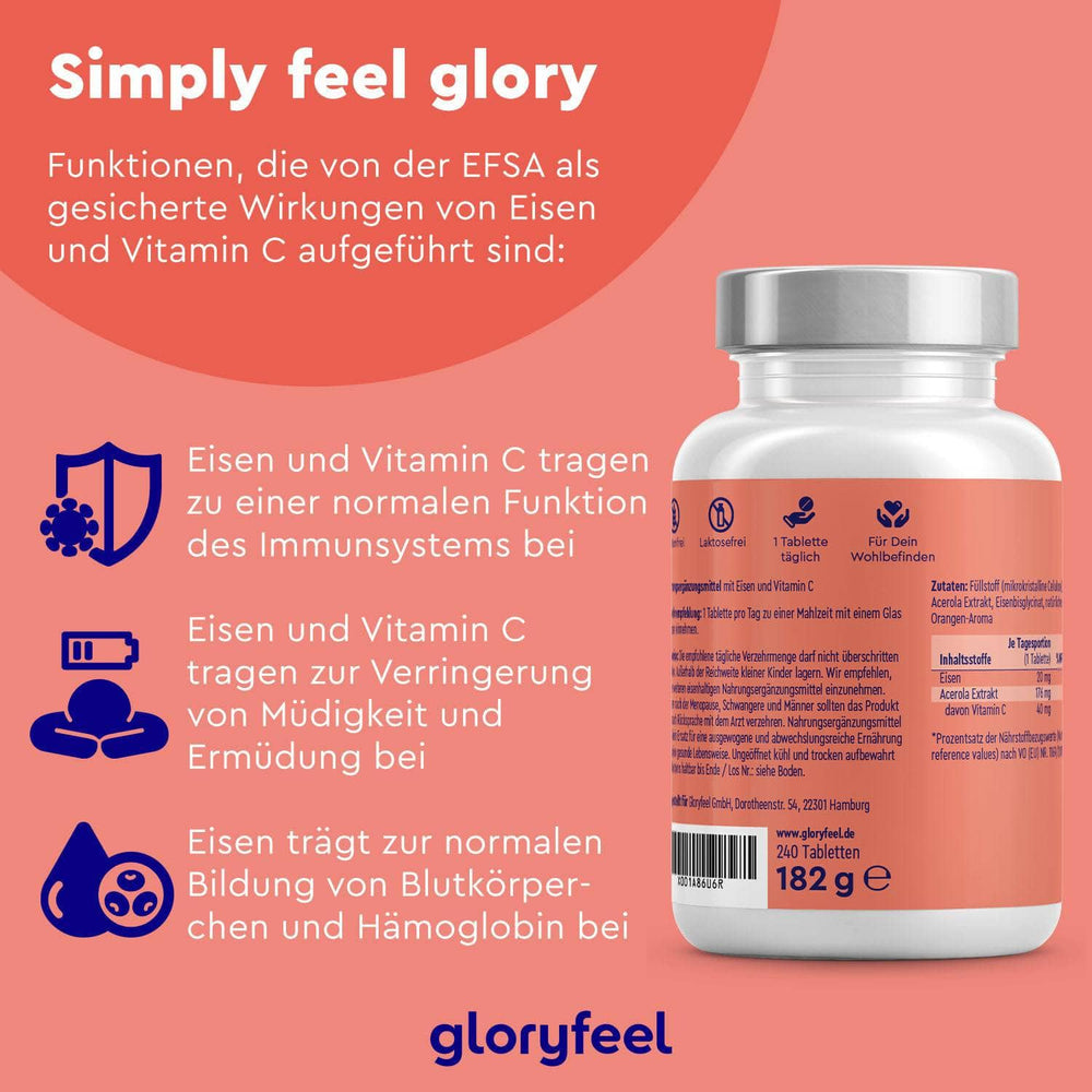 Das Etikett der Eisen + Vitamin C Tabletten der gloryfeel GmbH betont die Vorteile von Eisen und Vitamin C bei der Unterstützung der Immunität, der Verringerung von Müdigkeit und der Förderung der Blutzellbildung.