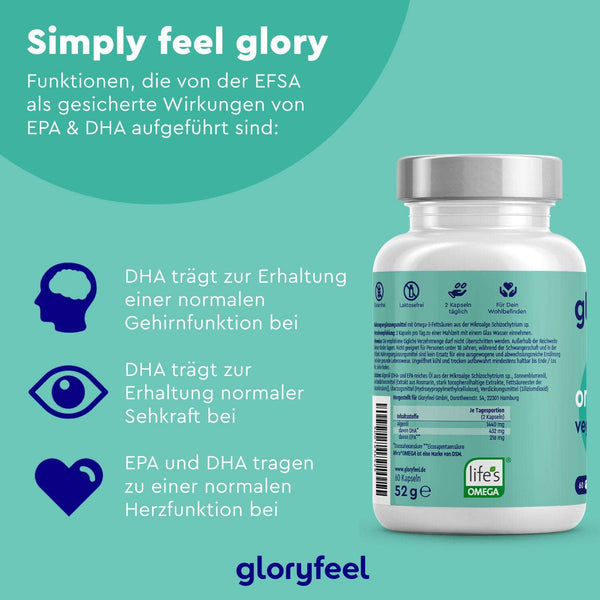 Eine Nahrungsergänzungsmittelflasche auf grünem Hintergrund, die die Vorteile von EPA und DHA für die Gesundheit von Gehirn, Augen und Herz hervorhebt. Sie enthält veganes Omega 3 aus Algenöl-Kapseln und trägt die Bezeichnung „gloryfeel“. Sie stammt von den veganen Omega-3-Kapseln der gloryfeel GmbH.