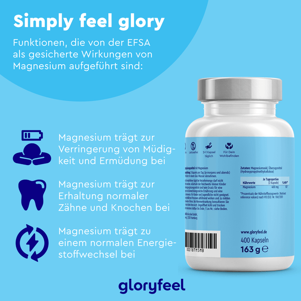 Auf einer blau-silbernen Flasche der gloryfeel GmbH steht „Magnesiumoxid Kapseln“ mit deutschem Text, der gesundheitliche Vorteile wie verringerte Müdigkeit und verbesserte Unterstützung von Knochen und Zähnen anpreist.