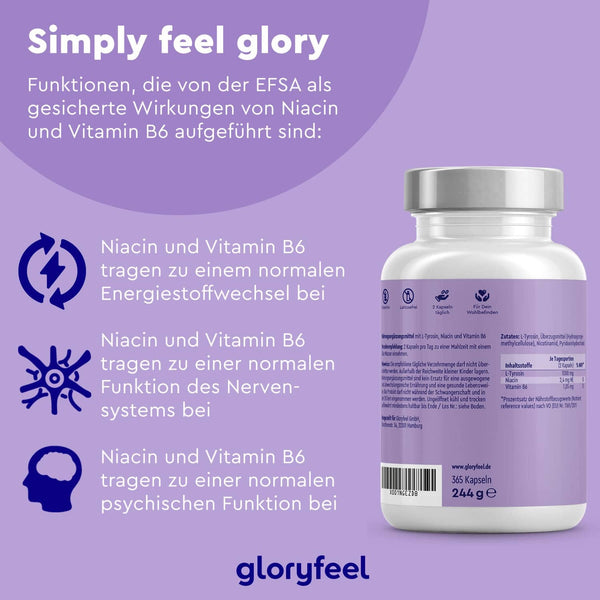 Eine Flasche L-Tyrosin Kapseln der gloryfeel GmbH mit dem Text, dass Niacin und Vitamin B6 zu einem normalen Energiestoffwechsel, einer normalen Funktion des Nervensystems und einer normalen psychischen Funktion beitragen.