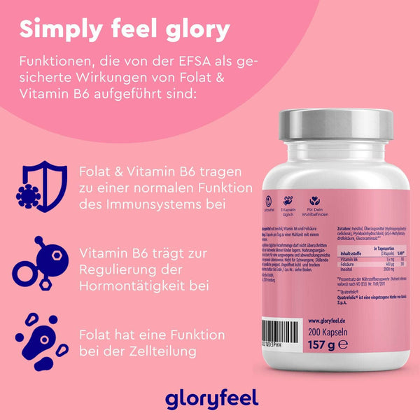 Eine rosa Flasche Inositol-Kapseln der gloryfeel GmbH enthält einen deutschen Text über die gesundheitlichen Vorteile von Folsäure und Vitamin B6 sowie Symbole, die die Immunfunktion und Zellteilung hervorheben.