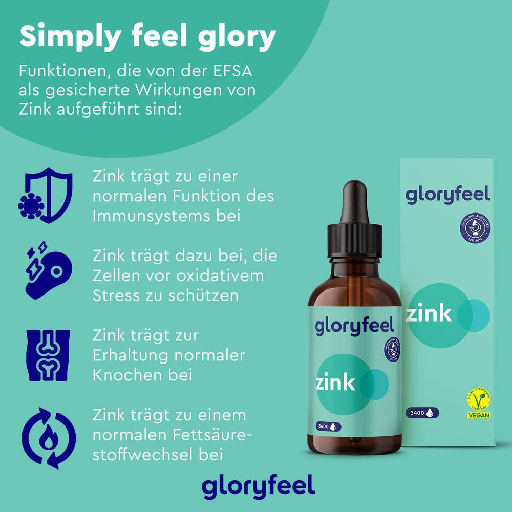 Ein Werbebild für Zink Tropfen der gloryfeel GmbH zeigt eine Tropfflasche, die Verpackung und einen deutschen Text, der die gesundheitlichen Vorteile und die Bioverfügbarkeit von Zinksulfat hervorhebt. Vegane und gentechnikfreie Symbole sind ebenfalls deutlich sichtbar.
