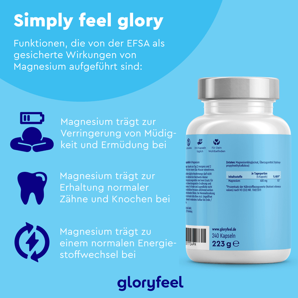 Eine Flasche Magnesiumbisglycinat-Kapseln der gloryfeel GmbH enthält 240 Kapseln und hebt Vorteile wie die Verringerung von Müdigkeit und die Unterstützung von Zähnen, Knochen und Energiestoffwechsel hervor.