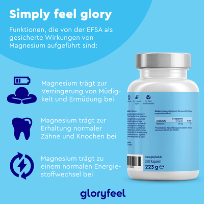 Eine Flasche Magnesiumbisglycinat-Kapseln der gloryfeel GmbH enthält 240 Kapseln und hebt Vorteile wie die Verringerung von Müdigkeit und die Unterstützung von Zähnen, Knochen und Energiestoffwechsel hervor.
