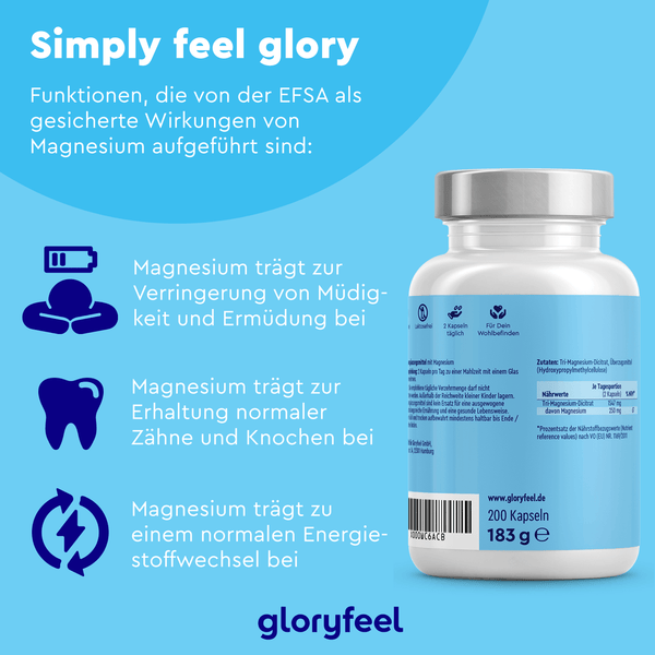 Product image of Tri-Magnesium Dicitrat + MSM by gloryfeel, with text in German detailing benefits: reducing tiredness, maintaining teeth and bones, and supporting energy metabolism.