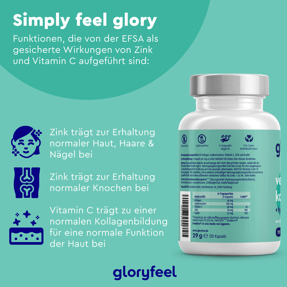 Ein Produktbild der Veggie Kollagen Kapseln der gloryfeel GmbH hebt die Vorteile von Zink, Vitamin C und Typ-1-Kollagen für Haut, Haare, Nägel und Knochen mit deutschem Text hervor. Lilafarbene Symbole veranschaulichen jeden Vorteil kunstvoll.