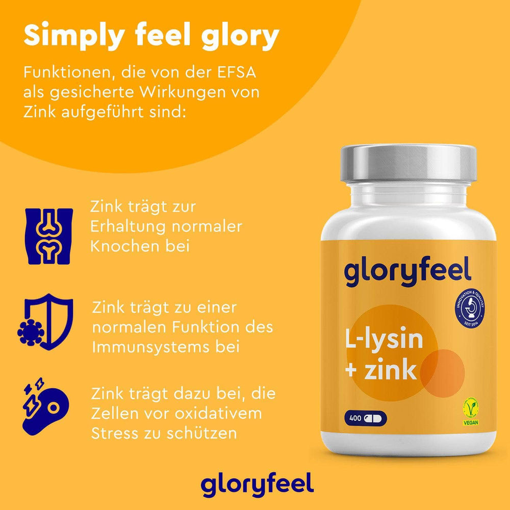 Gelb-weiße Anzeige für die L-Lysin + Zink Kapseln der gloryfeel GmbH mit Symbolen und deutschem Text, der die gesundheitlichen Vorteile hervorhebt.