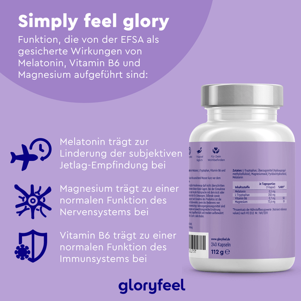 Eine violette Flasche mit der Aufschrift „Melatonin + L-Tryptophan Kapseln“ der gloryfeel GmbH mit deutschem Text zu den Vorteilen von Melatonin, Magnesium und Vitamin B6 für Schlaf, Nervensystem und Immunsystem. „gloryfeel“-Logo unten.
