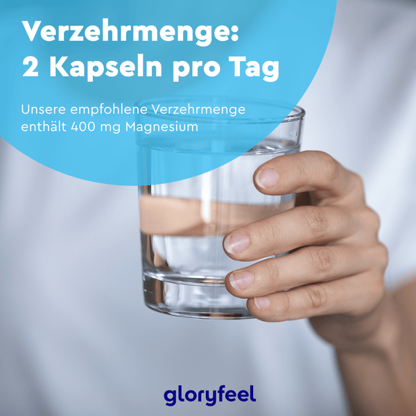 Eine Hand hält ein Glas Wasser mit blauer Beschichtung und deutschem Text, der die tägliche Einnahme von zwei Kapseln mit 400 mg Magnesiumoxid empfiehlt. Unten ist die Marke „gloryfeel GmbH“ zu sehen.