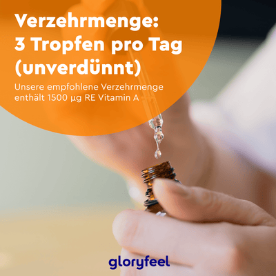 Vitamin-A-Tropfen der gloryfeel GmbH werden mit einer Pipette dosiert. Die Verpackung enthält einen deutschen Text zur Tagesdosis und zum Retinol-Gehalt für eine optimale Gesundheit.