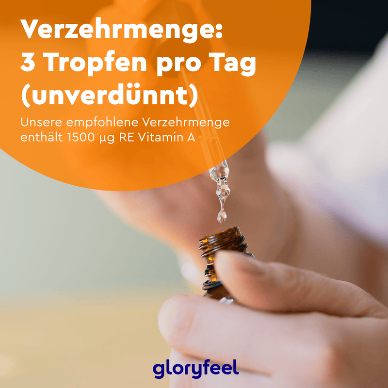Vitamin-A-Tropfen der gloryfeel GmbH werden mit einer Pipette dosiert. Die Verpackung enthält einen deutschen Text zur Tagesdosis und zum Retinol-Gehalt für eine optimale Gesundheit.