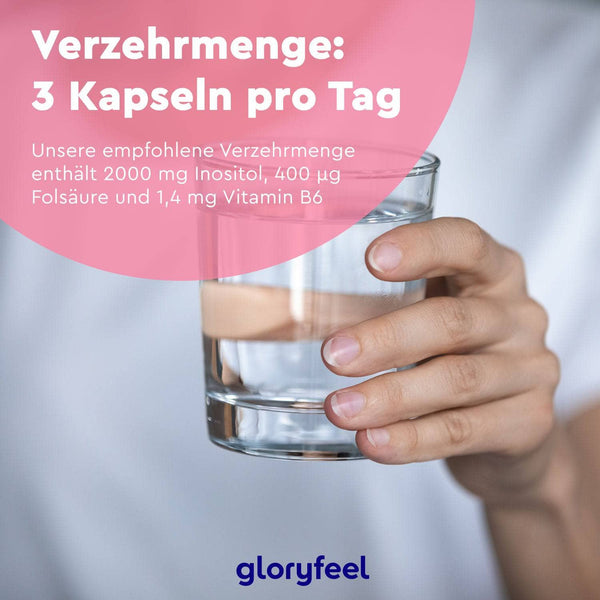 Eine Hand hält ein Glas Wasser neben einem deutschen Text mit Angaben zu Dosierung und Nährwertangaben, darunter Inositol, Folsäure und Vitamin B6 aus den Inositol-Kapseln der gloryfeel GmbH.