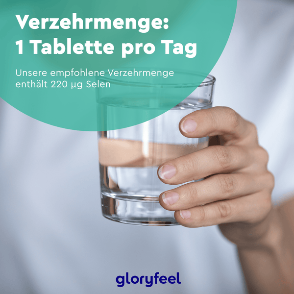 Person hält ein Glas Wasser mit Textüberlagerung auf Deutsch über eine tägliche Selen-Tablette mit 220 µg Selen von der gloryfeel GmbH.