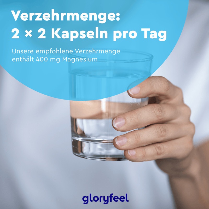 Hand hält ein Glas Wasser mit Textüberlagerung, die täglich 2 Kapseln (insgesamt 400 mg) Magnesiumbisglycinat-Kapseln von gloryfeel GmbH empfiehlt.