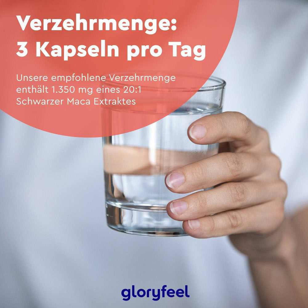 Eine Hand hält ein Glas Wasser mit einem darüberliegenden roten Kreistext, der eine tägliche Einnahme von drei Schwarzen Maca-Kapseln der gloryfeel GmbH empfiehlt.