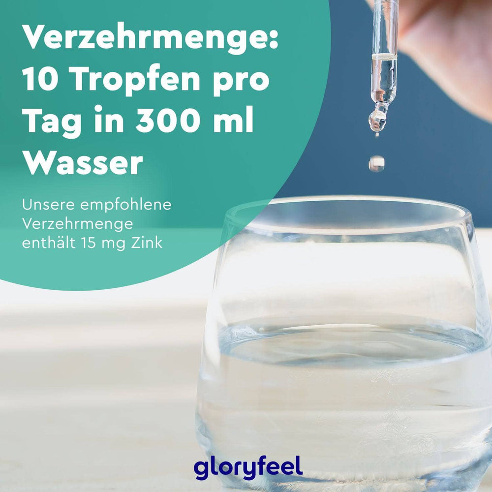 Eine Pipette über einem Glas Wasser entspricht der Tagesdosis von 10 Tropfen in 300 ml und liefert 15 mg Zink aus Zinksulfat mit optimaler Bioverfügbarkeit durch die Zink Tropfen der gloryfeel GmbH.