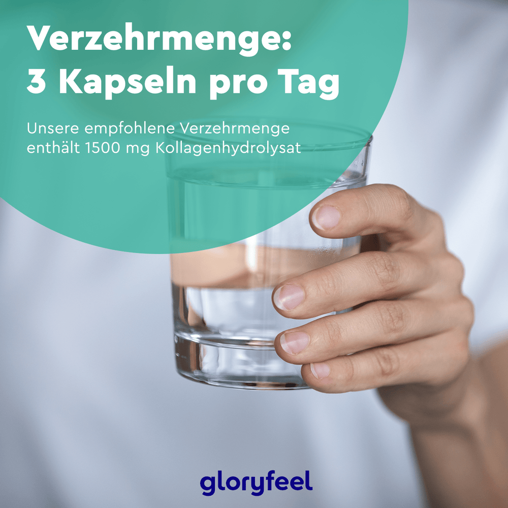 Jemand hält ein Glas Wasser in der Hand, mit einem Text, der zur Einnahme von Marine Kollagen Kapseln der gloryfeel GmbH rät – drei Kapseln täglich für insgesamt 1500 mg Kollagenhydrolysat.