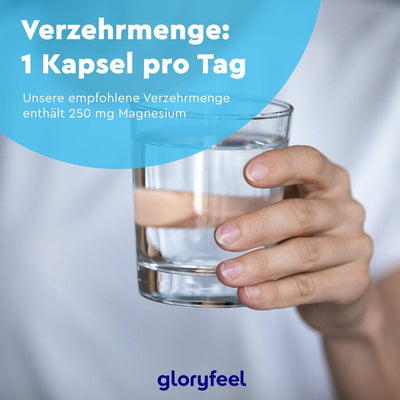 Eine Hand hält ein Glas Wasser mit einem deutschen Textüberzug, der die tägliche Einnahme von Magnesiumoxid 90 Kapseln von gloryfeel GmbH empfiehlt.