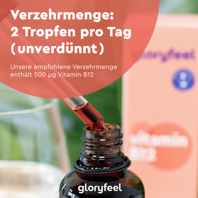 Eine Pipette über einem Flaschenverschluss, mit einem unscharfen Kasten im Hintergrund, hebt die tägliche Dosis von 2 Tropfen mit 500 µg Vitamin B12 aus Methylcobalamin in Premium-Qualität hervor. Diese Vitamin-B12-Tropfen der gloryfeel GmbH unterstützen Ihre Wellness-Routine nahtlos.