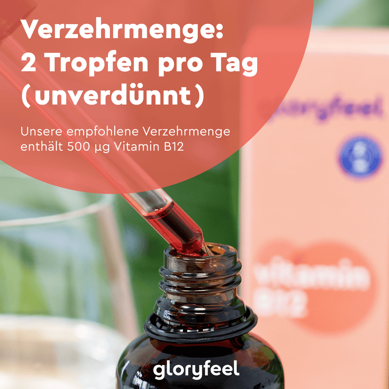 Eine Pipette über einem Flaschenverschluss, mit einem unscharfen Kasten im Hintergrund, hebt die tägliche Dosis von 2 Tropfen mit 500 µg Vitamin B12 aus Methylcobalamin in Premium-Qualität hervor. Diese Vitamin-B12-Tropfen der gloryfeel GmbH unterstützen Ihre Wellness-Routine nahtlos.