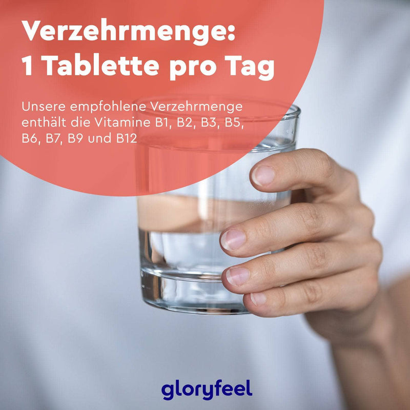 Eine Hand hält ein Glas Wasser mit einem deutschen Text, der für die tägliche Einnahme des Vitamin-B-Komplexes der gloryfeel GmbH wirbt und dessen Vorteile für ein verbessertes Wohlbefinden und einen besseren Stoffwechsel hervorhebt.
