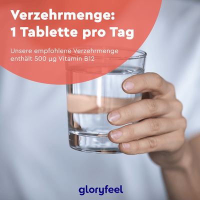 Eine Person hält ein Glas Wasser mit dem Text: „Verzehrmenge: 1 Tablette pro Tag. Unsere empfohlene Verzehrmenge enthält 500 µg Vitamin B12.“ Entdecken Sie unser hochwertiges Nahrungsergänzungsmittel Vitamin B12 Methylcobalamin Tabletten von der Gloryfeel GmbH. Logo: Gloryfeel.