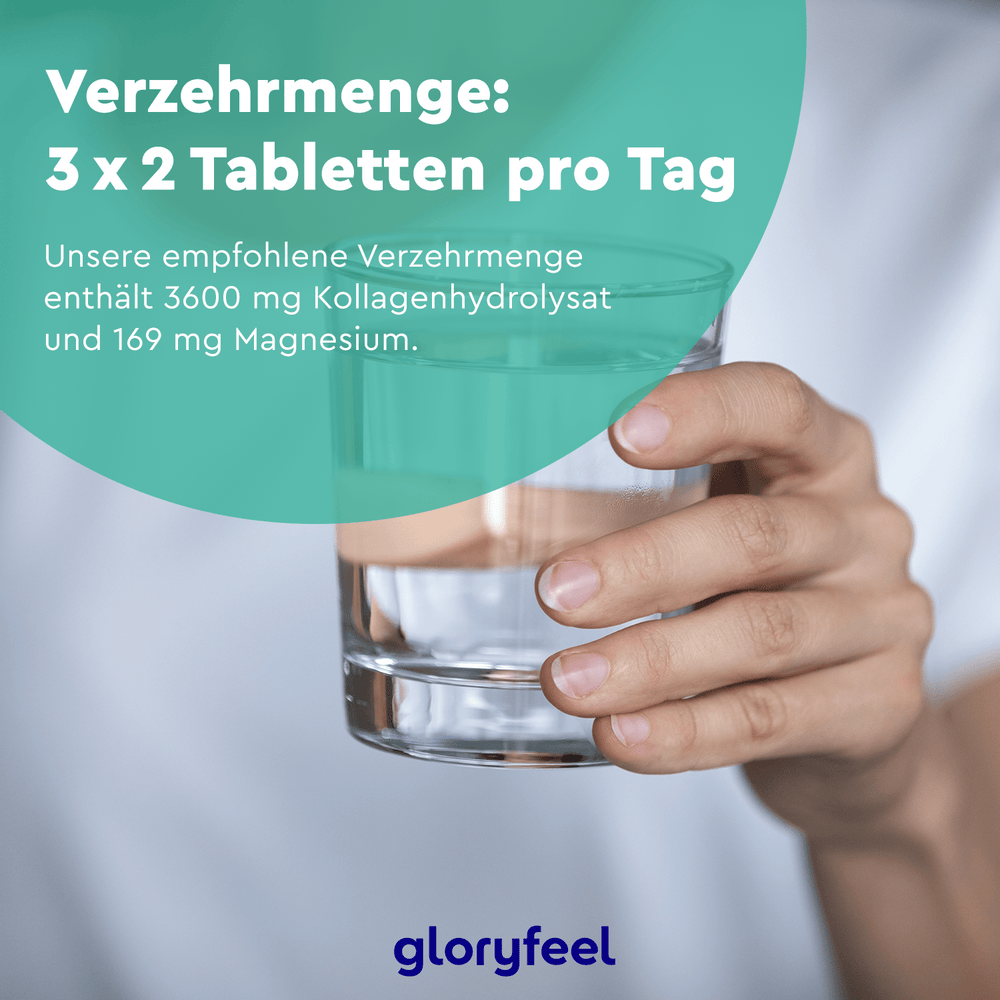 Hand hält ein Glas Wasser mit dem Text: „Nehmen Sie täglich 3 x 2 Kollagen + Magnesium Tabletten von gloryfeel GmbH ein. Enthält 3600 mg Kollagenhydrolysat und 169 mg Magnesium, bekannt für seine gesundheitsfördernde Wirkung.“.